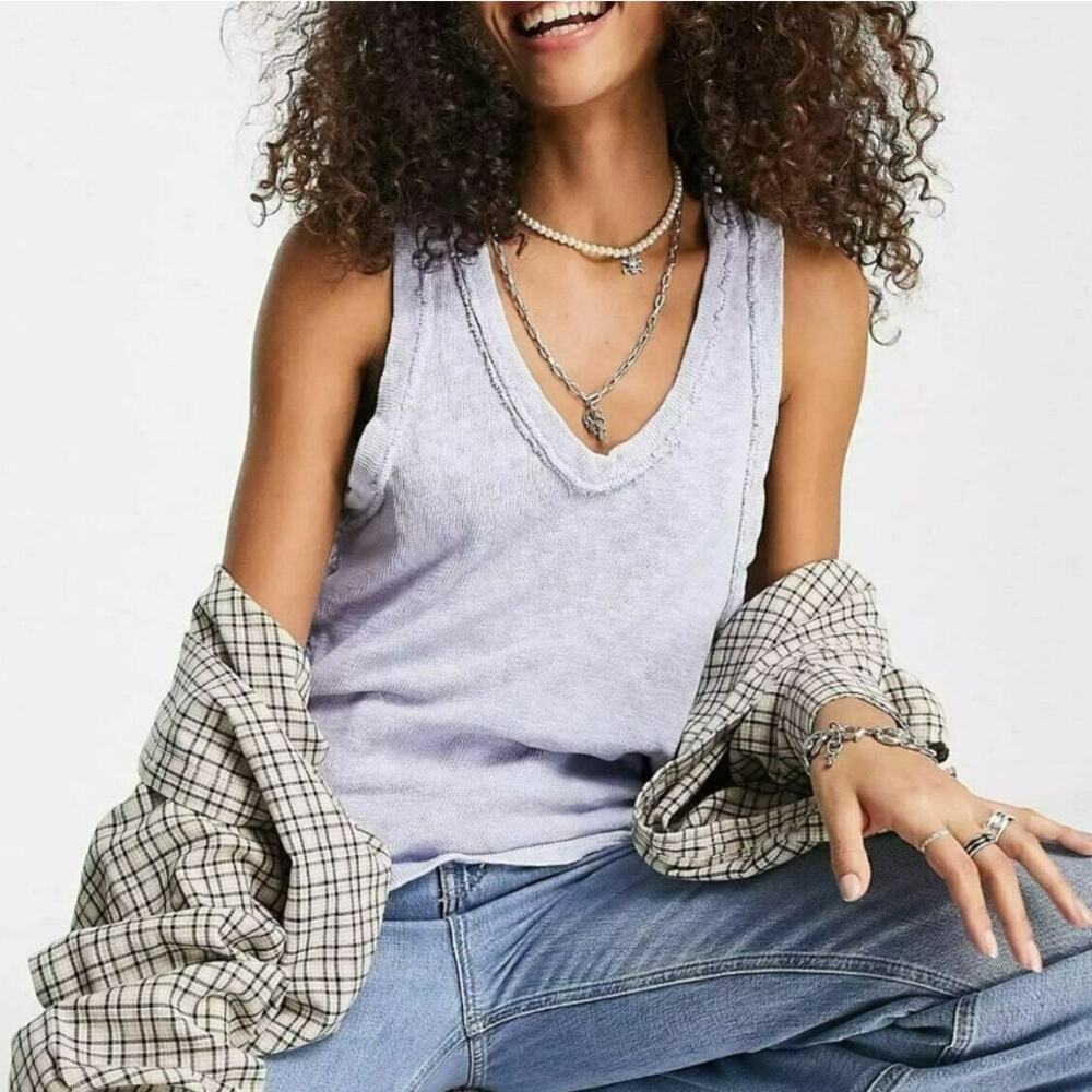 We The Free People Slim N Simple Tank S Light Blue Thickened Slub Knit Top